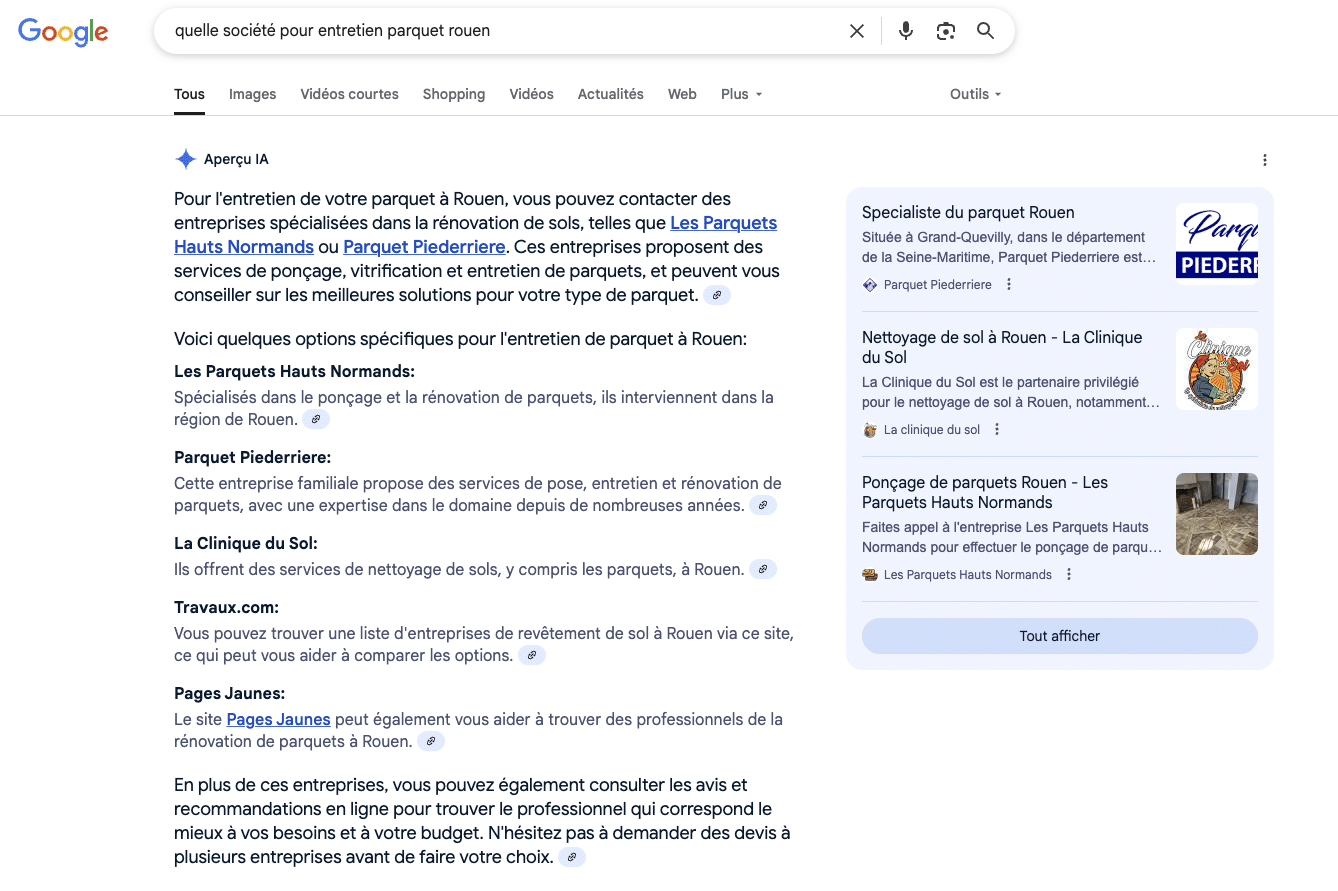 Capture d’écran google sge sur la recherche d'une entreprise d'entretien du parquet à rouen